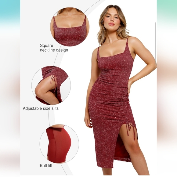 Popilush Red Shapewear Cocktail Shimmer Bodycon Side Slit Midi Dress Size Small - Picture 4 of 12
